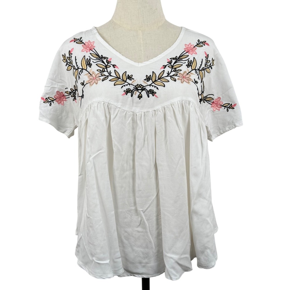Emery Rose Women S Blouse White Embroidered Floral Babydoll Boho Cottagecore EUC